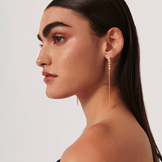 Articulated Beaded Stone Extra Long Drop Stud Earrings | 18ct Gold Plated Vermeil/Cubic Zirconia Earrings Missoma