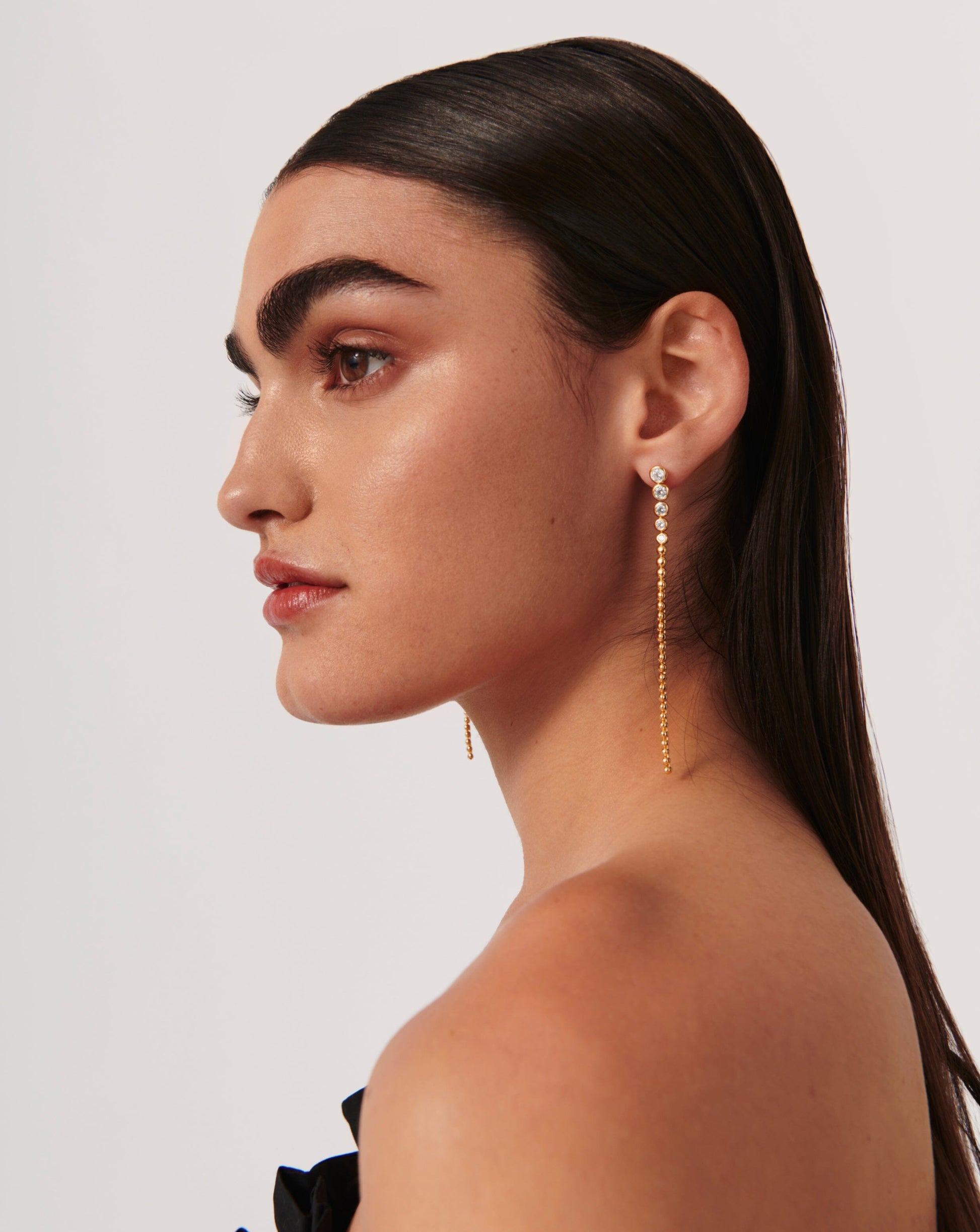 Articulated Beaded Stone Extra Long Drop Stud Earrings | 18ct Gold Plated Vermeil/Cubic Zirconia Earrings Missoma