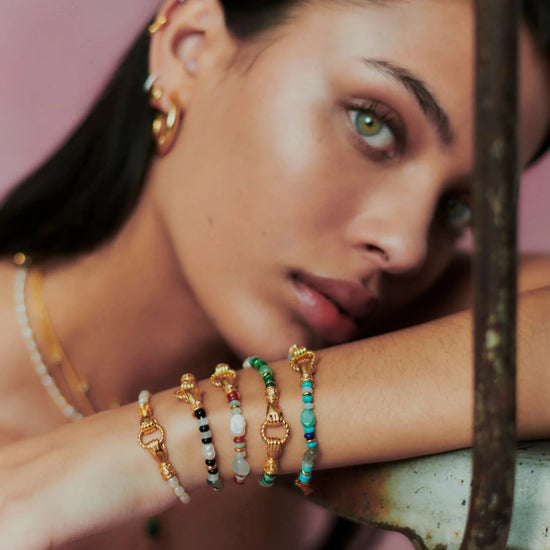 Harris Reed In Good Hands Beaded Gemstone Bracelet | 18ct Gold Plated/Multi Green Gemstone & Pearl Bracelets Missoma