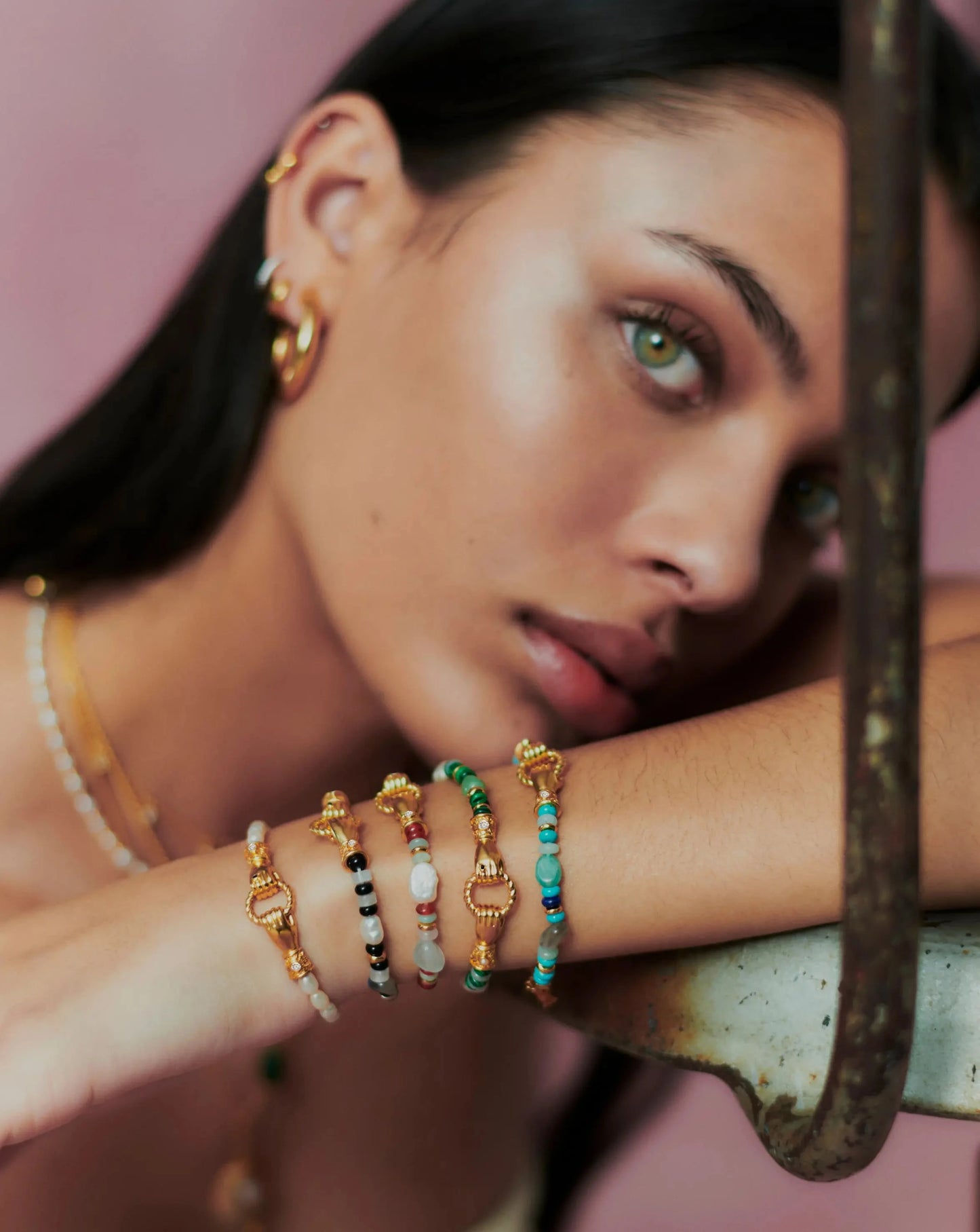 Harris Reed In Good Hands Beaded Gemstone Bracelet | 18ct Gold Plated/Multi Green Gemstone & Pearl Bracelets Missoma