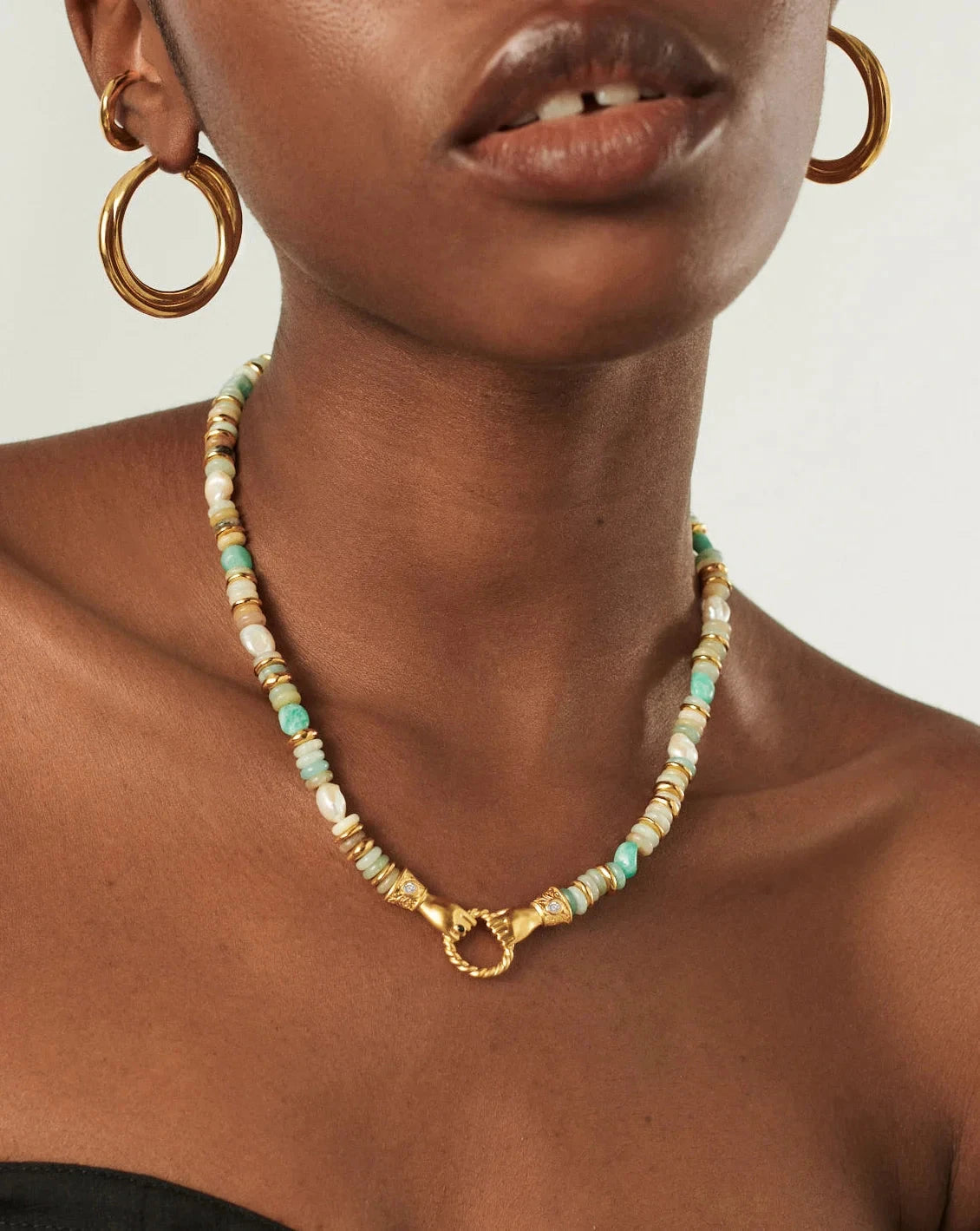 Harris Reed In Good Hands Chunky Beaded Gemstone Necklace | 18ct Gold Plated/Multi Amazonite & Pearl Necklaces Missoma