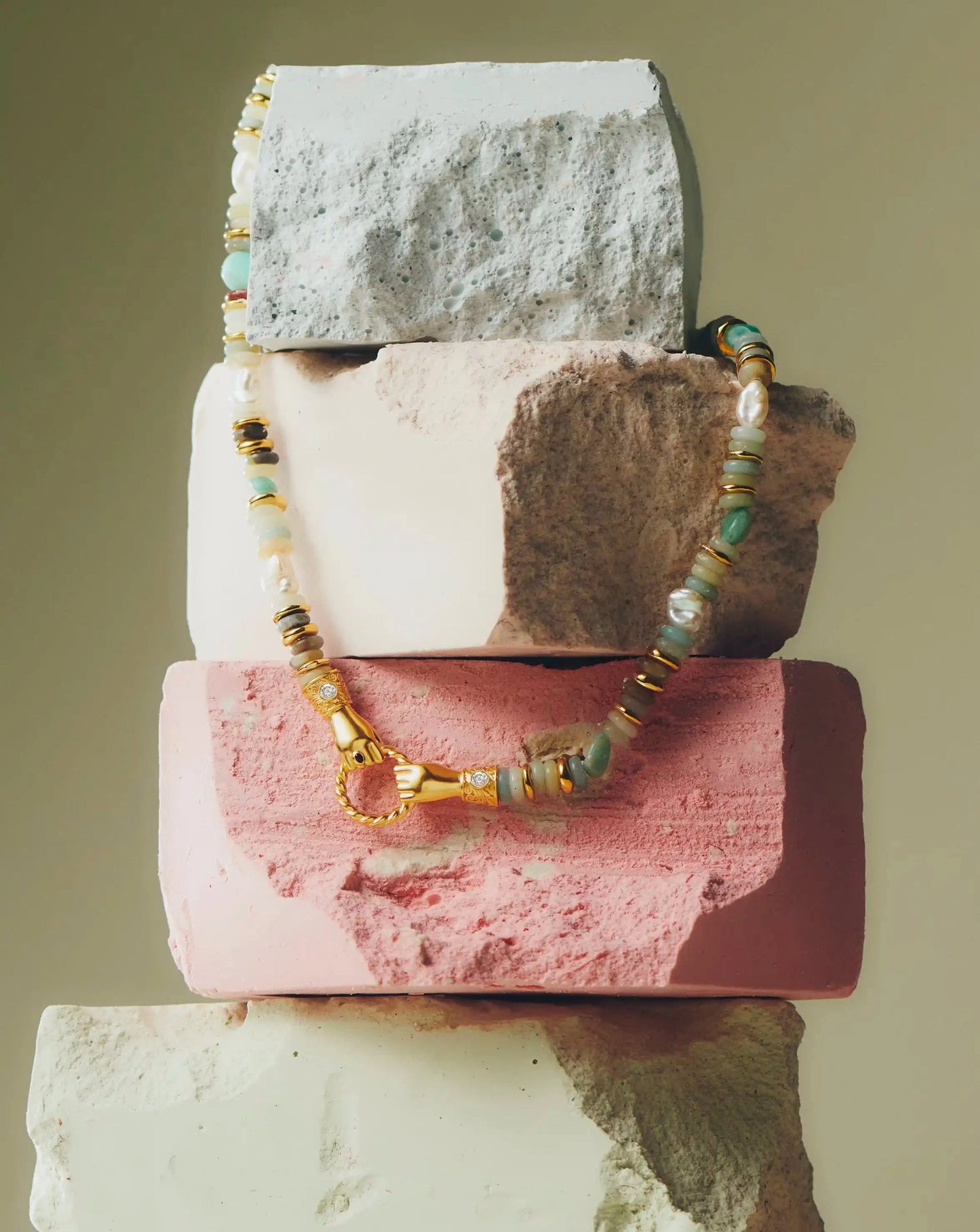 Harris Reed In Good Hands Chunky Beaded Gemstone Necklace | 18ct Gold Plated/Multi Amazonite & Pearl Necklaces Missoma