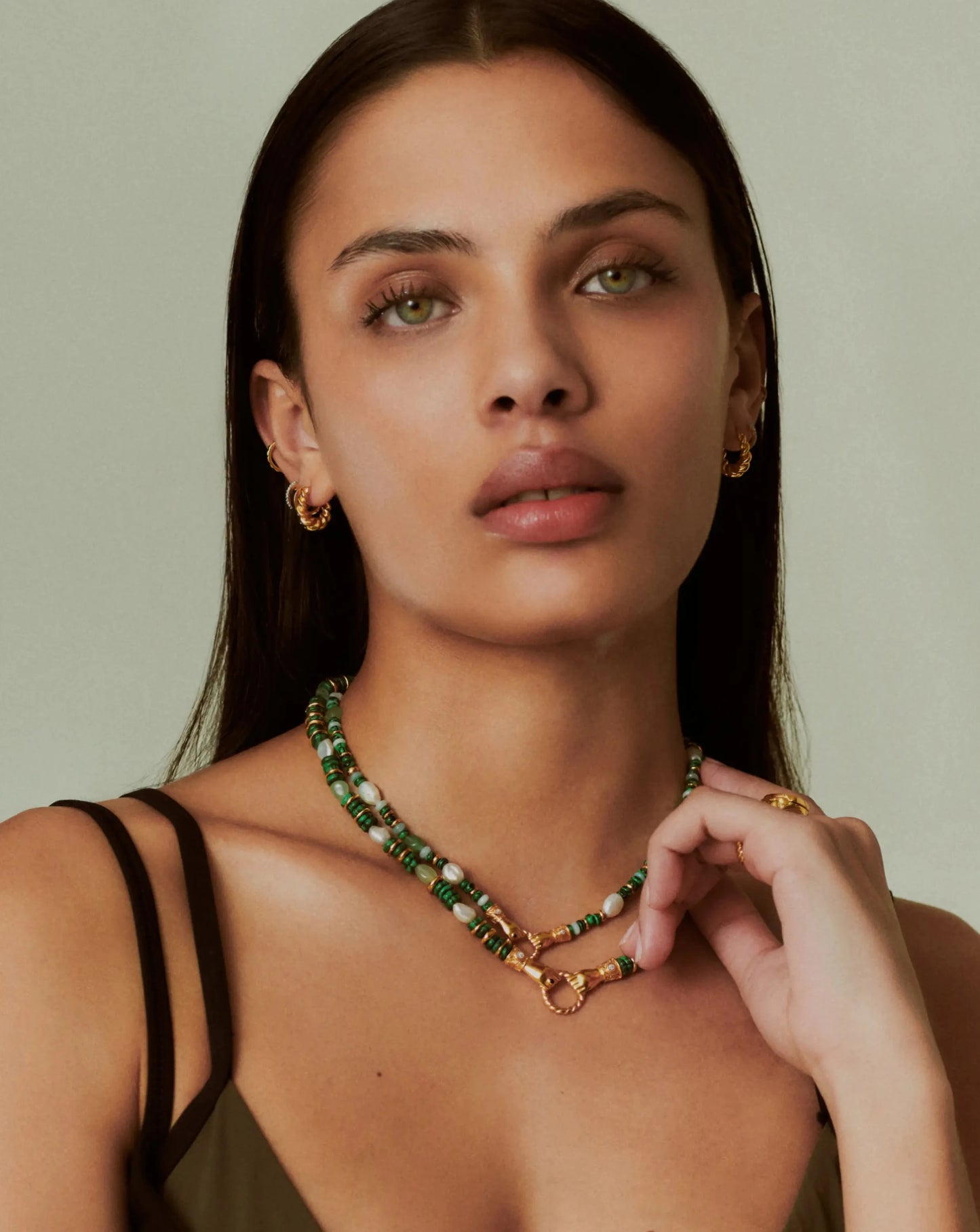 Harris Reed In Good Hands Chunky Beaded Gemstone Necklace | 18ct Gold Plated/Multi Green Gemstone & Pearl Necklaces Missoma
