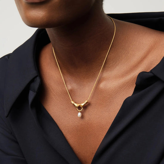 Harris Reed In Good Hands Drop Pendant Necklace | 18ct Gold Plated/Pearl & Black Onyx Necklaces Missoma