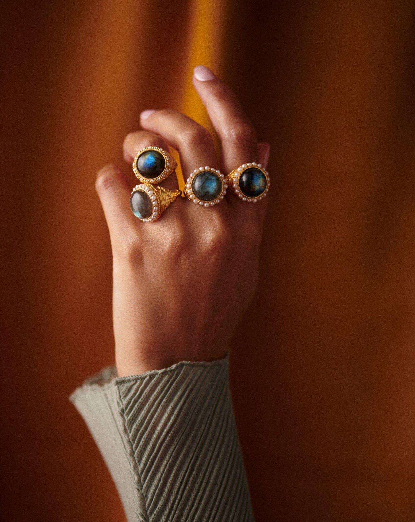 Harris Reed Labradorite Cocktail Ring | 18ct Gold Plated/Pearl & Labradorite Rings Missoma