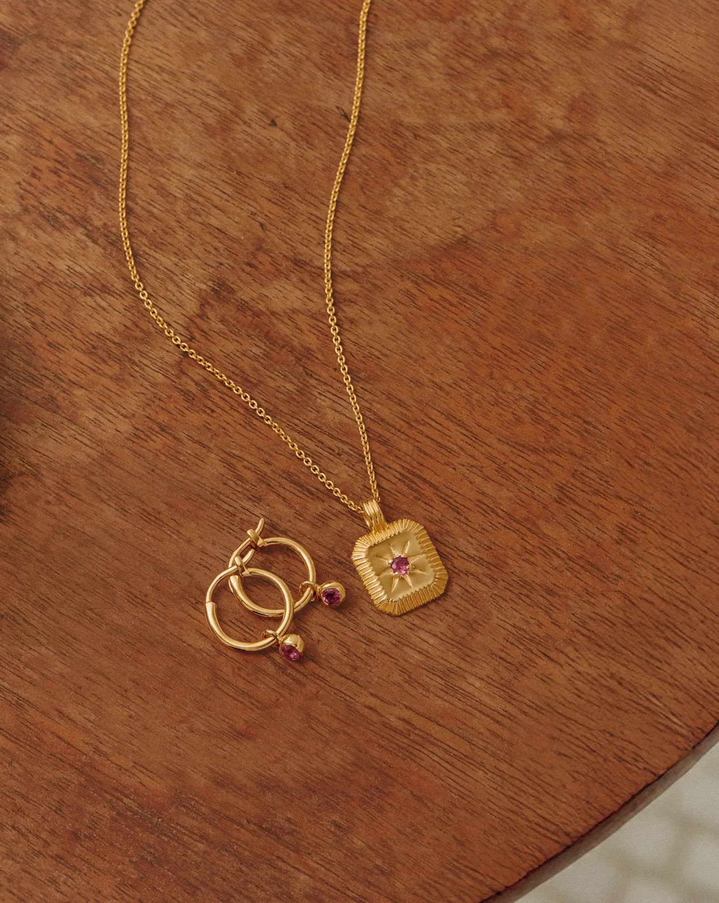 October Birthstone Necklace & Charm Earrings Set | 18ct Gold Vermeil/Pink Tourmaline Necklaces Missoma