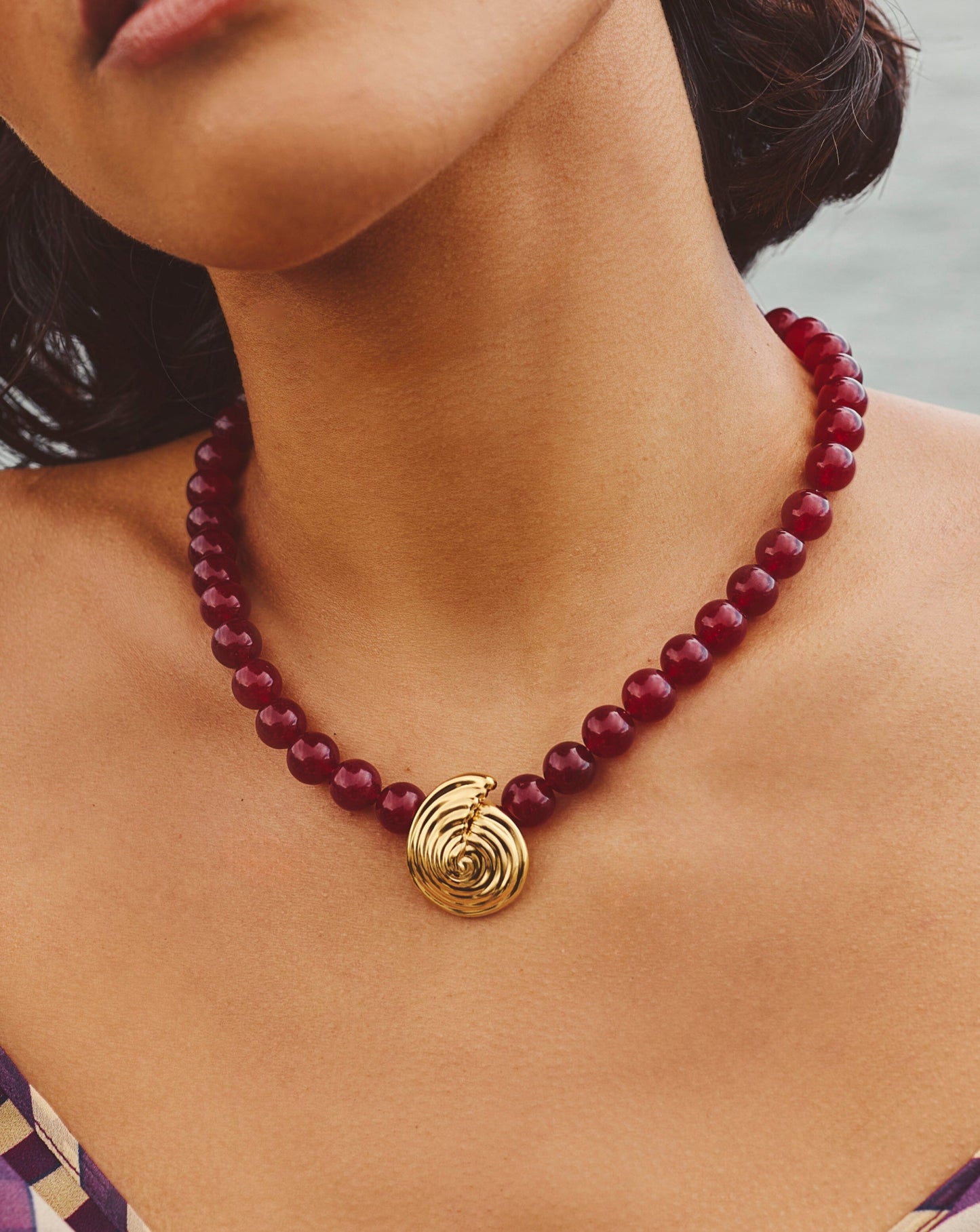 Spiral Gemstone Beaded Pendant Necklace | 18ct Gold Plated/Dark Cherry Crystal Quartz Necklaces Missoma