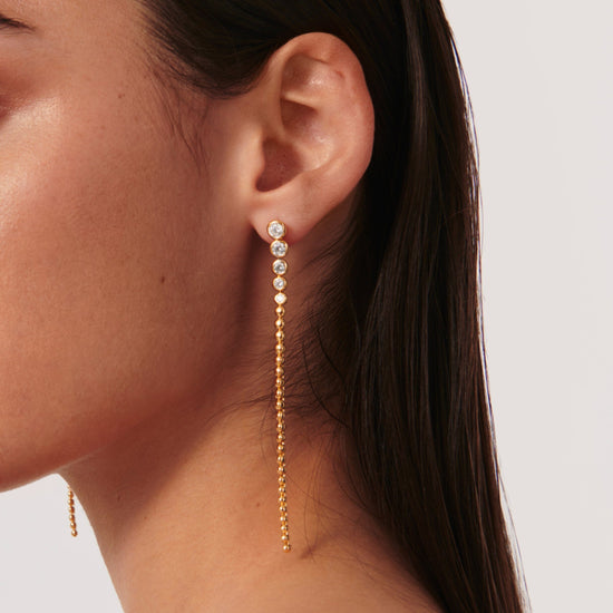 Articulated Beaded Stone Extra Long Drop Stud Earrings | 18ct Gold Plated Vermeil/Cubic Zirconia Earrings Missoma