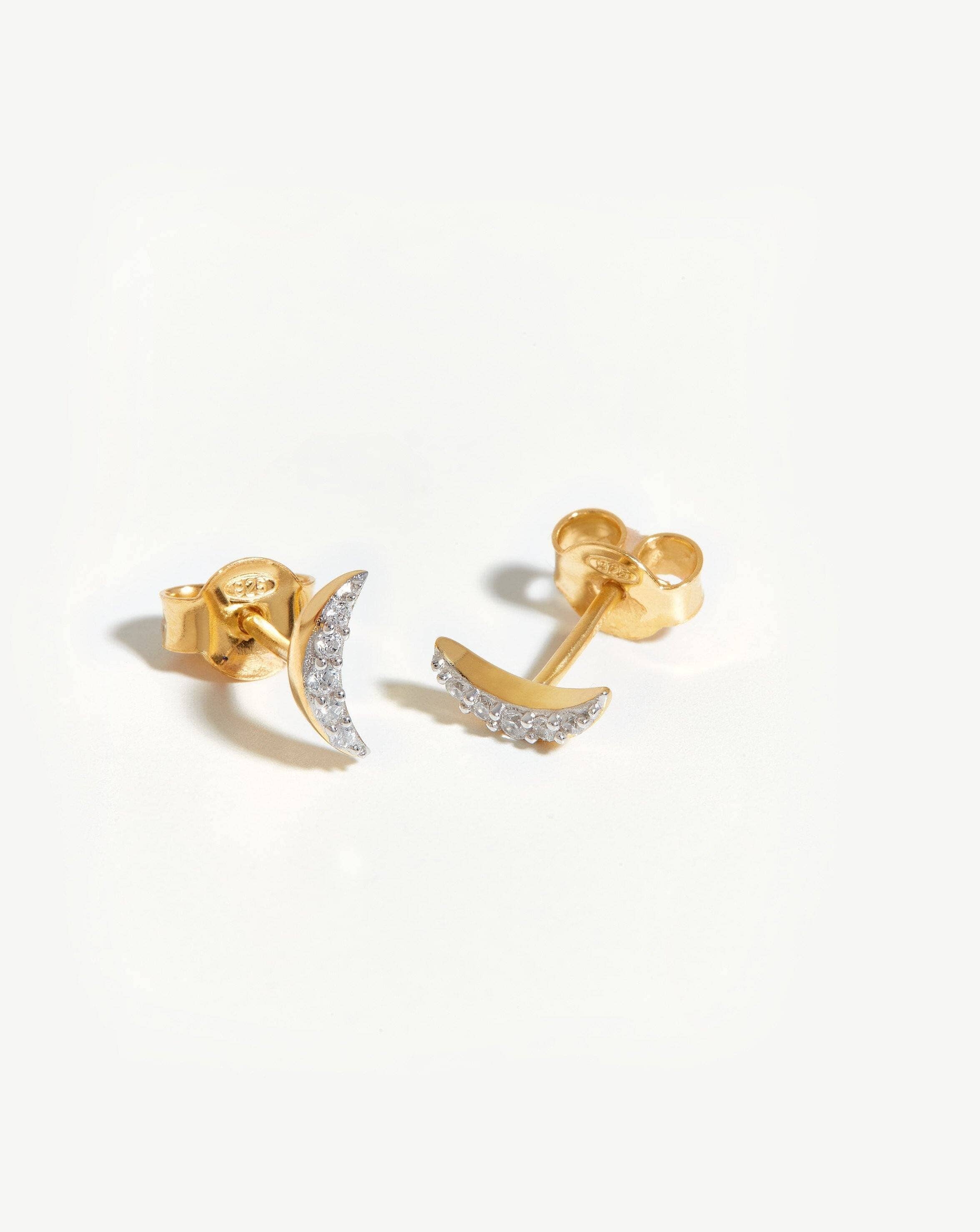 Celestial Pave Moon Stud Earrings 18ct Gold Plated Vermeil Cubic