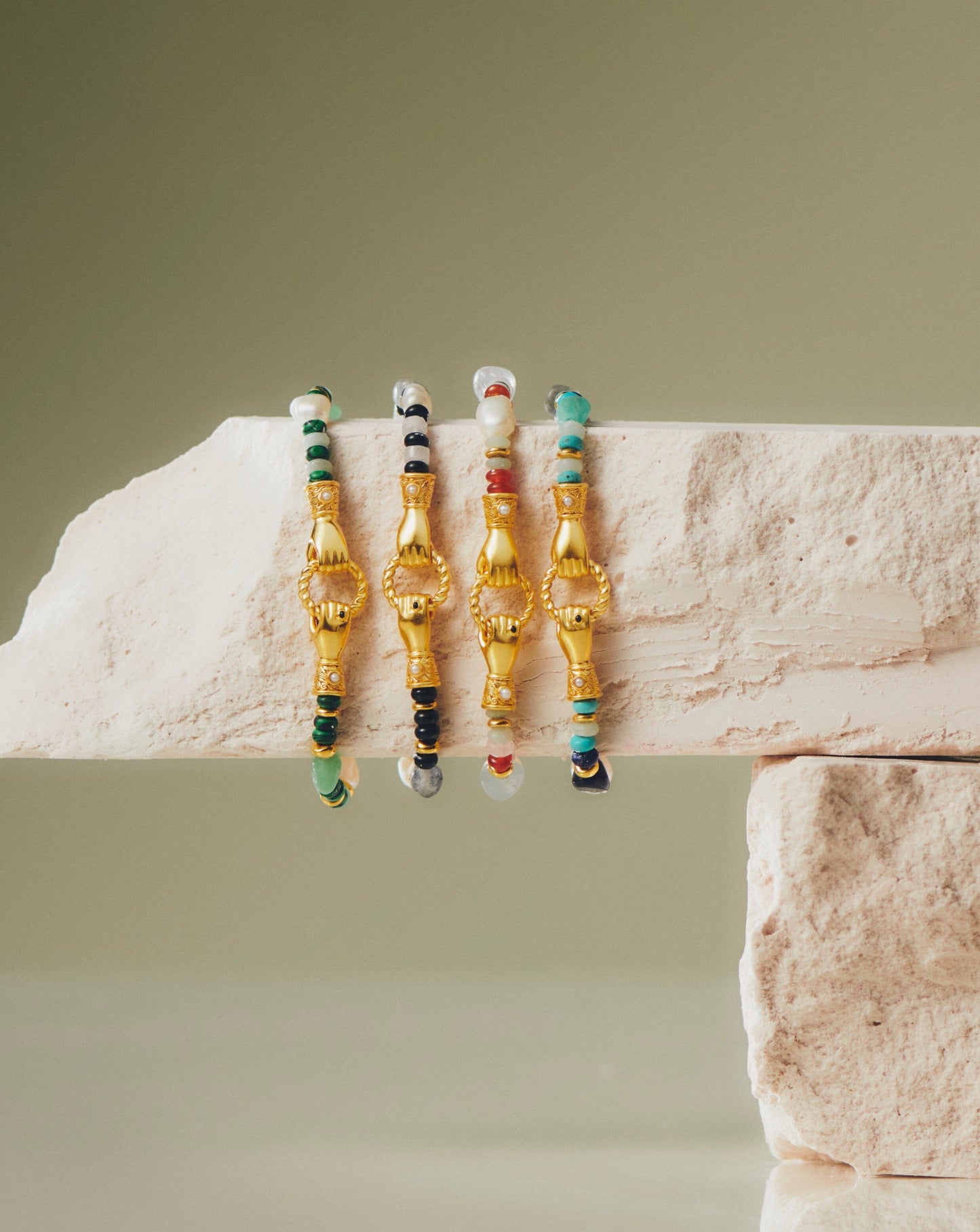 Harris Reed In Good Hands Beaded Gemstone Bracelet | 18ct Gold Plated/Multi Green Gemstone & Pearl Bracelets Missoma