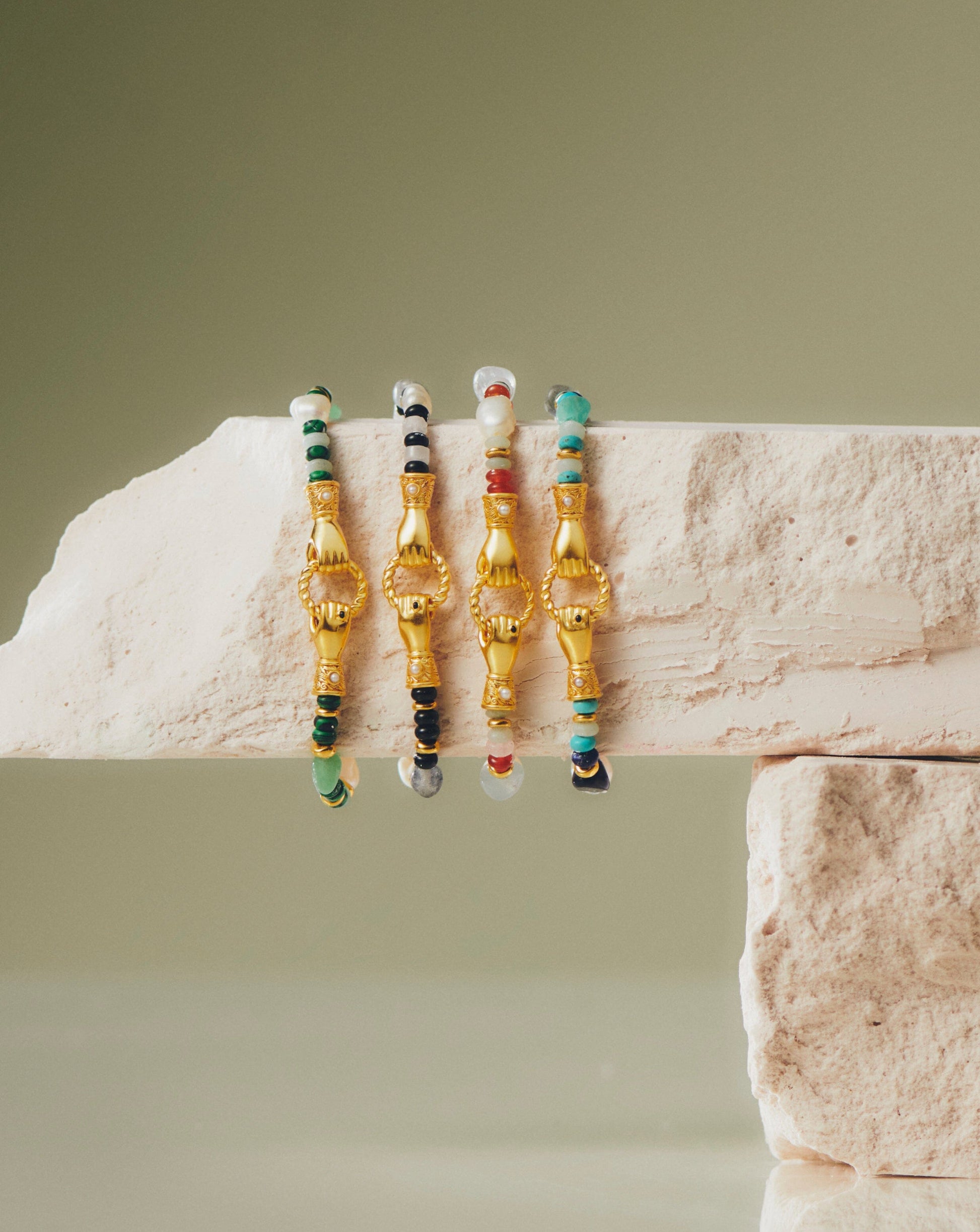 Harris Reed In Good Hands Beaded Gemstone Bracelet | 18ct Gold Plated/Multi Green Gemstone & Pearl Bracelets Missoma