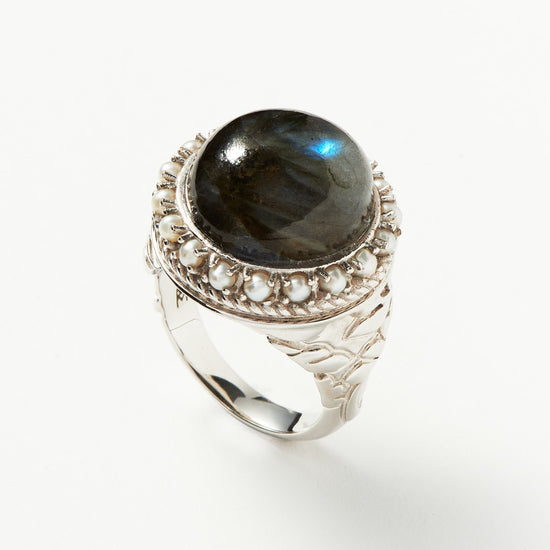 Harris Reed Labradorite Cocktail Ring | Silver Plated/Pearl & Labradorite Rings Missoma Silver Plated/Pearl & Labradorite J