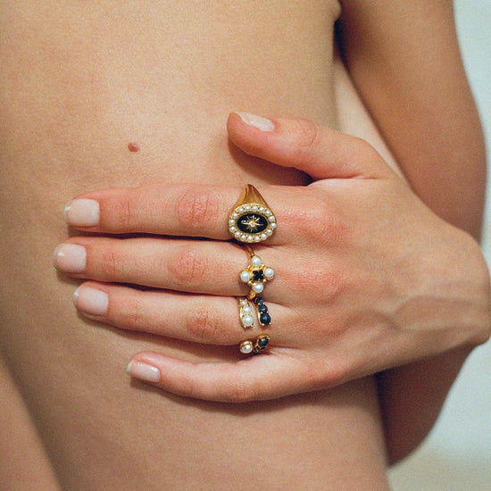 Harris Reed Quartet Ring | 18ct Gold Plated Vermeil/Pearl & Black Onyx Rings Missoma