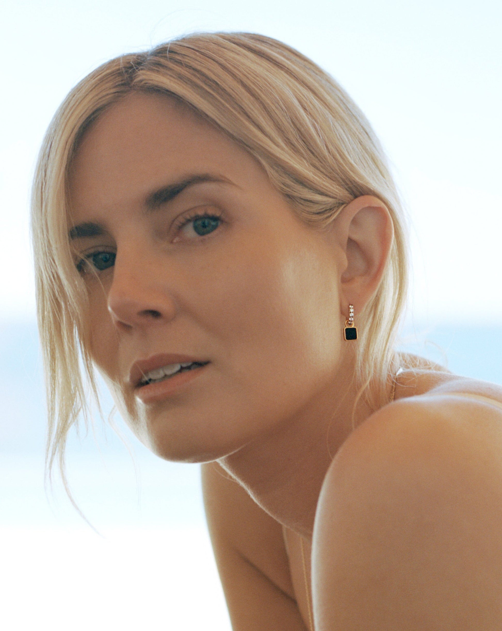 Lucy Williams Square Black Onyx Charm Mini Hoop Earrings | 18ct Gold Plated Vermeil/Black Onyx Earrings Missoma