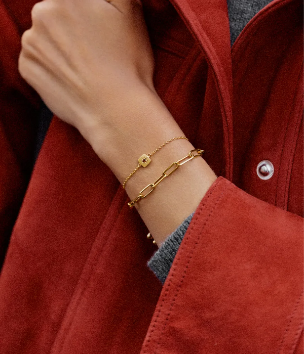 gold birthstone charm bracelet with gold paperclip chain bracelet in gold