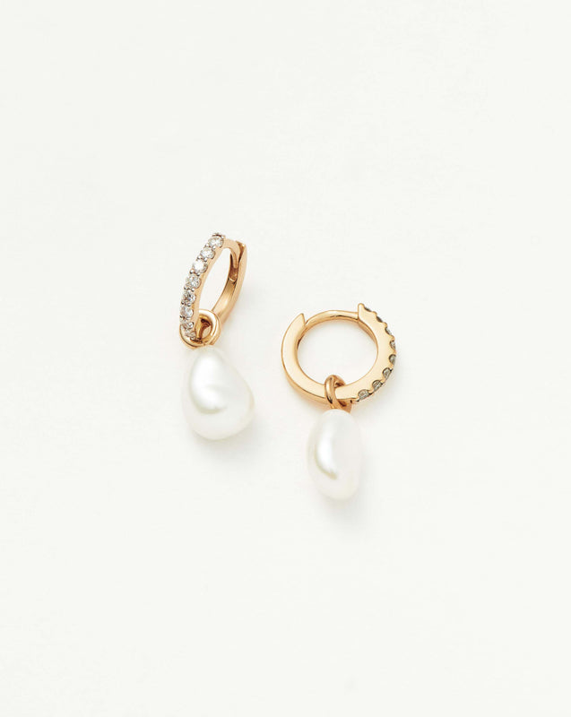 Solid Gold Diamond & Pearl Charm Hoop Earrings | 9ct Solid Yellow Gold/Pearl & Diamond