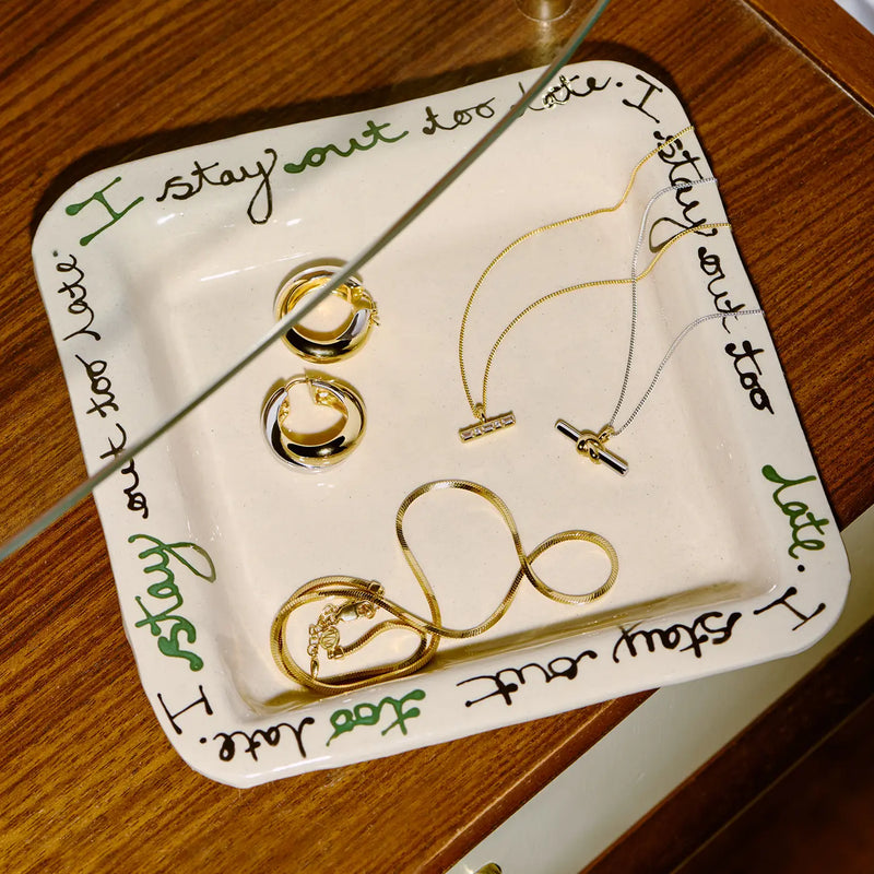 lucy williams mixed metal gold and silver t bar necklace and small hoop earrings