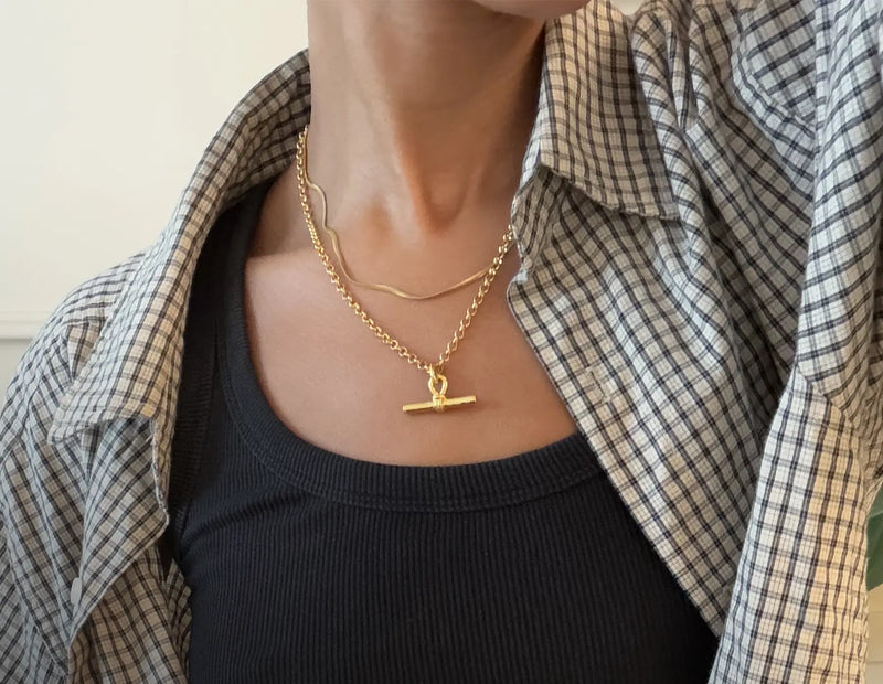 Cunky Gold T-bar and Gold Snake Chain Necklaces