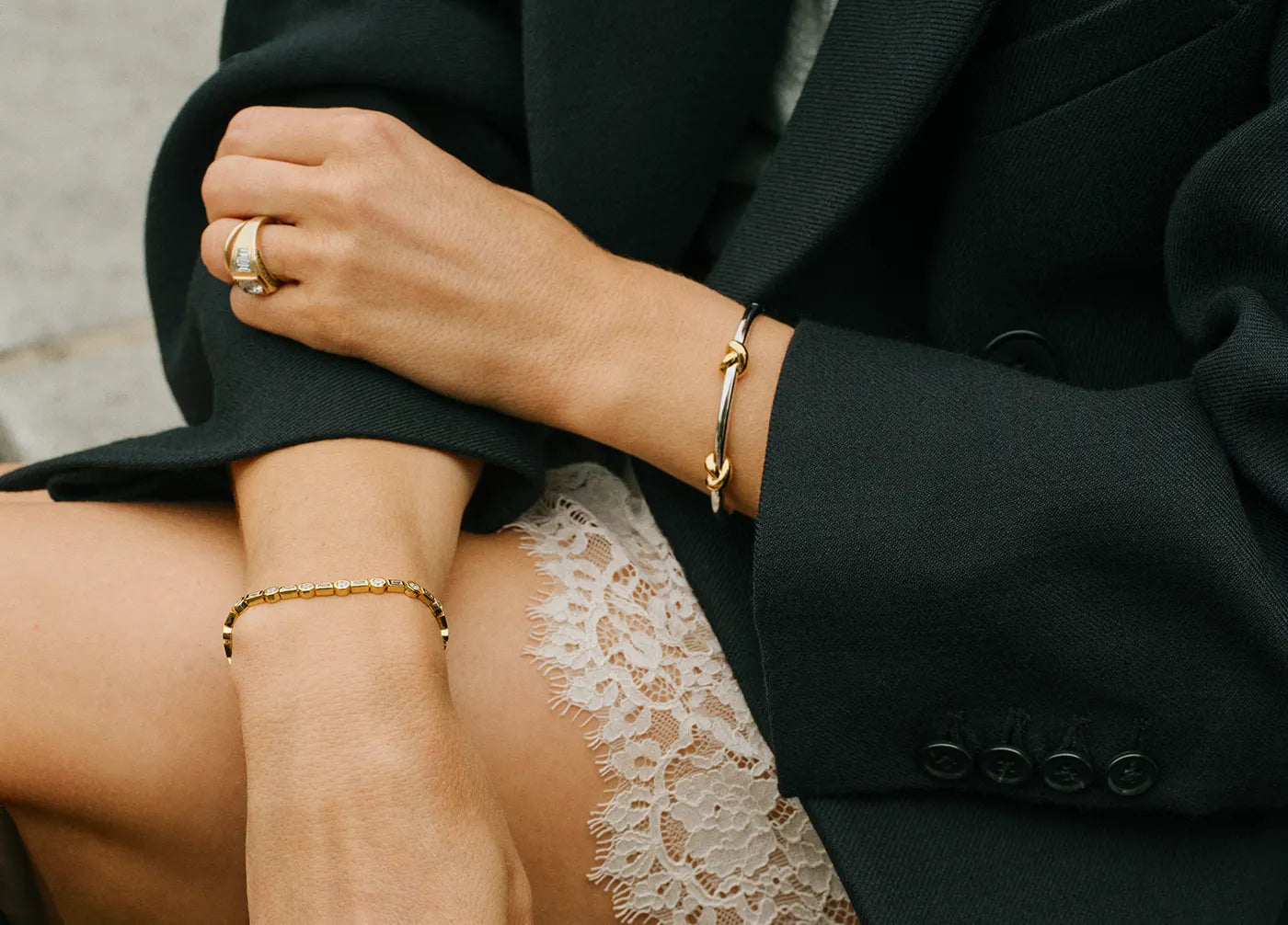 lucy williams silver knot bangle and tennis chain bracelet