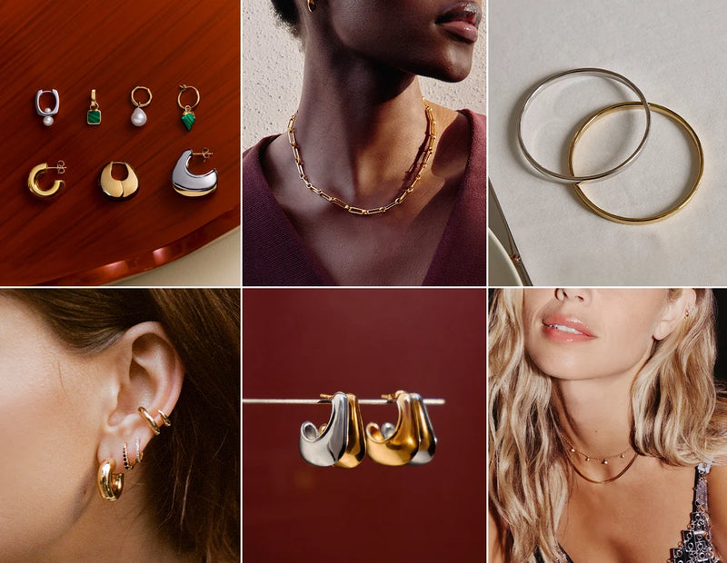 gold and silver earrings, necklaces and bangles grid