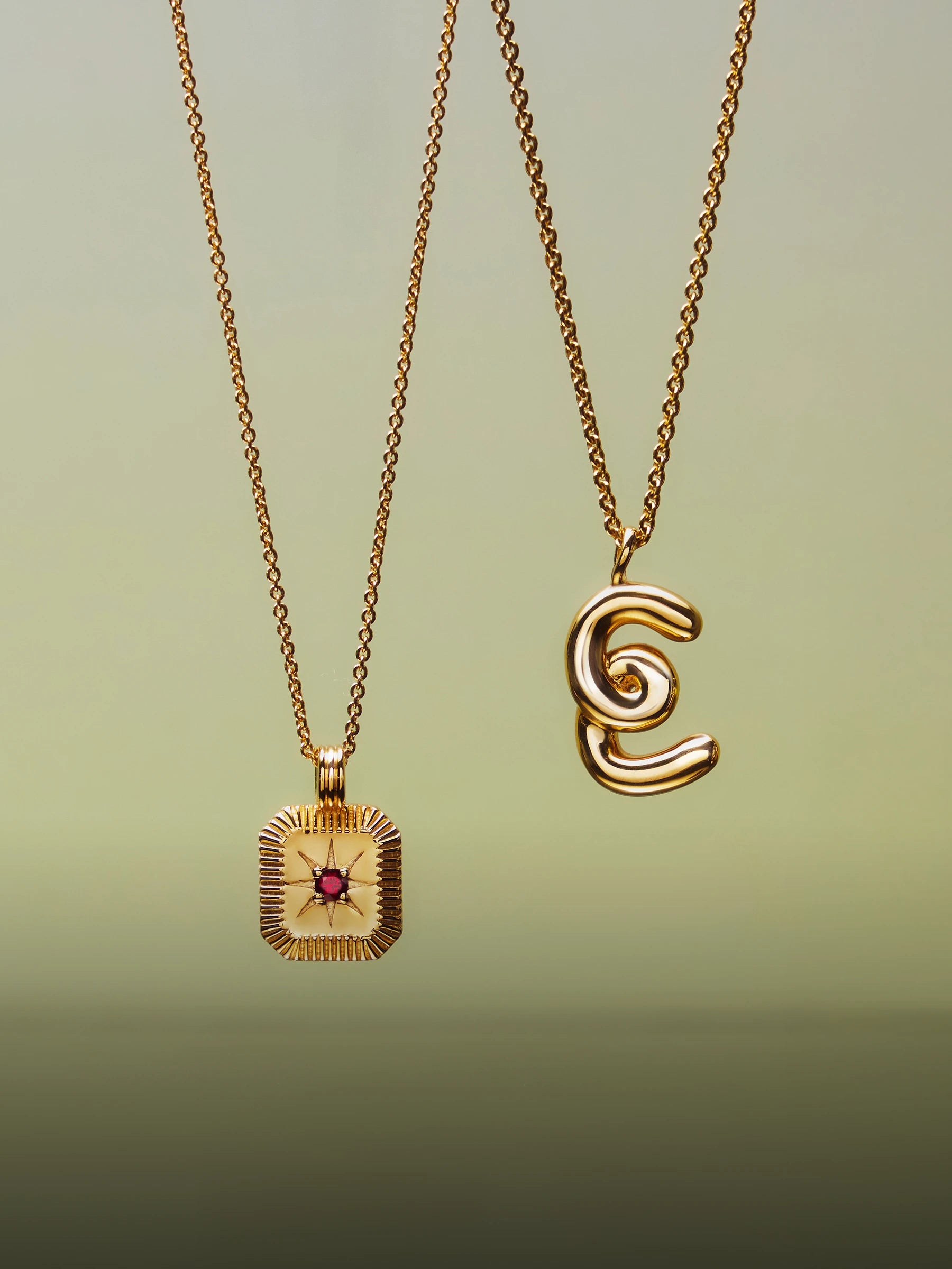 gold pendant necklaces, initial pendant necklace letter E and birthstone necklace