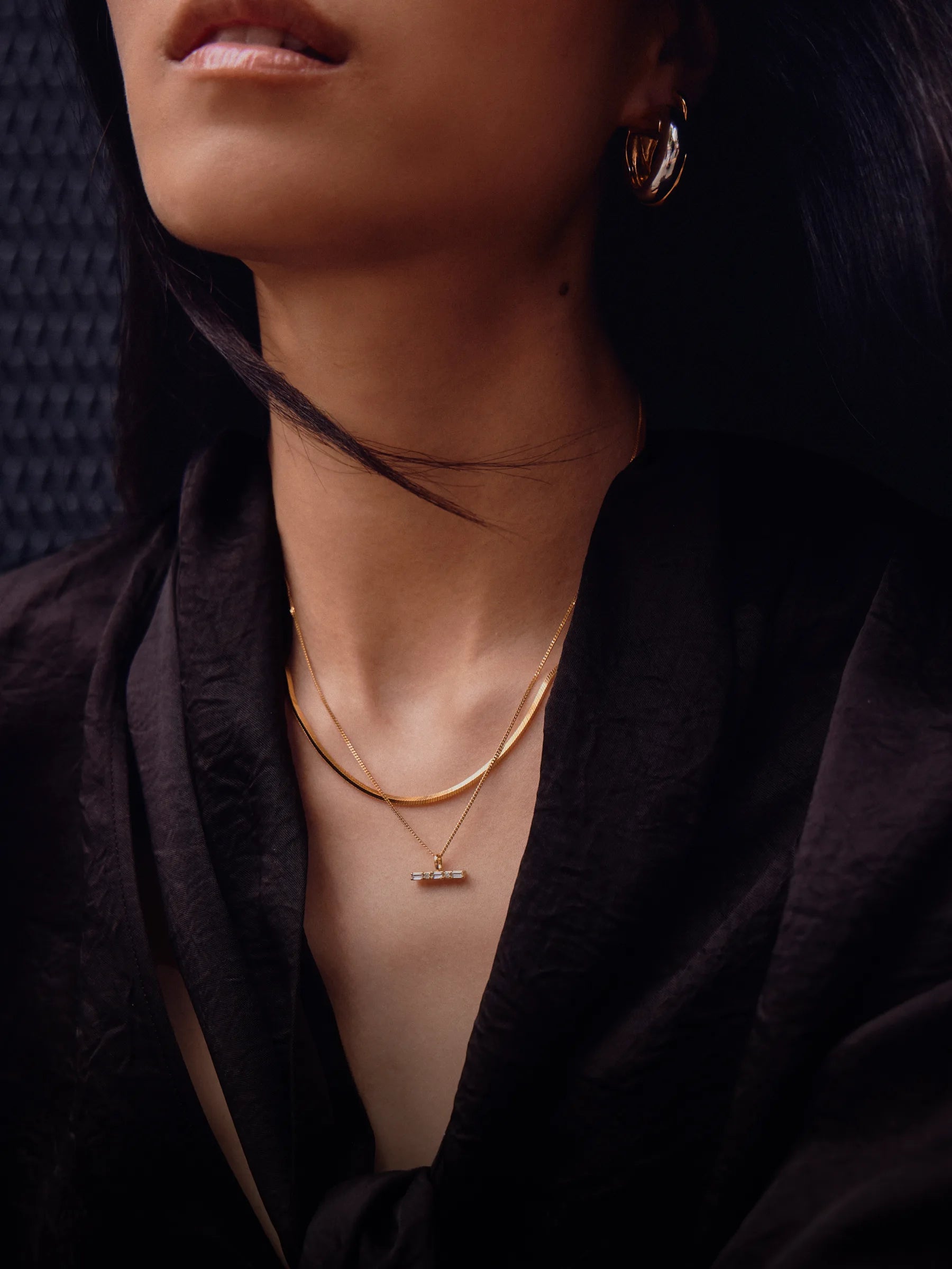 gold snake chain necklace and t bar necklace