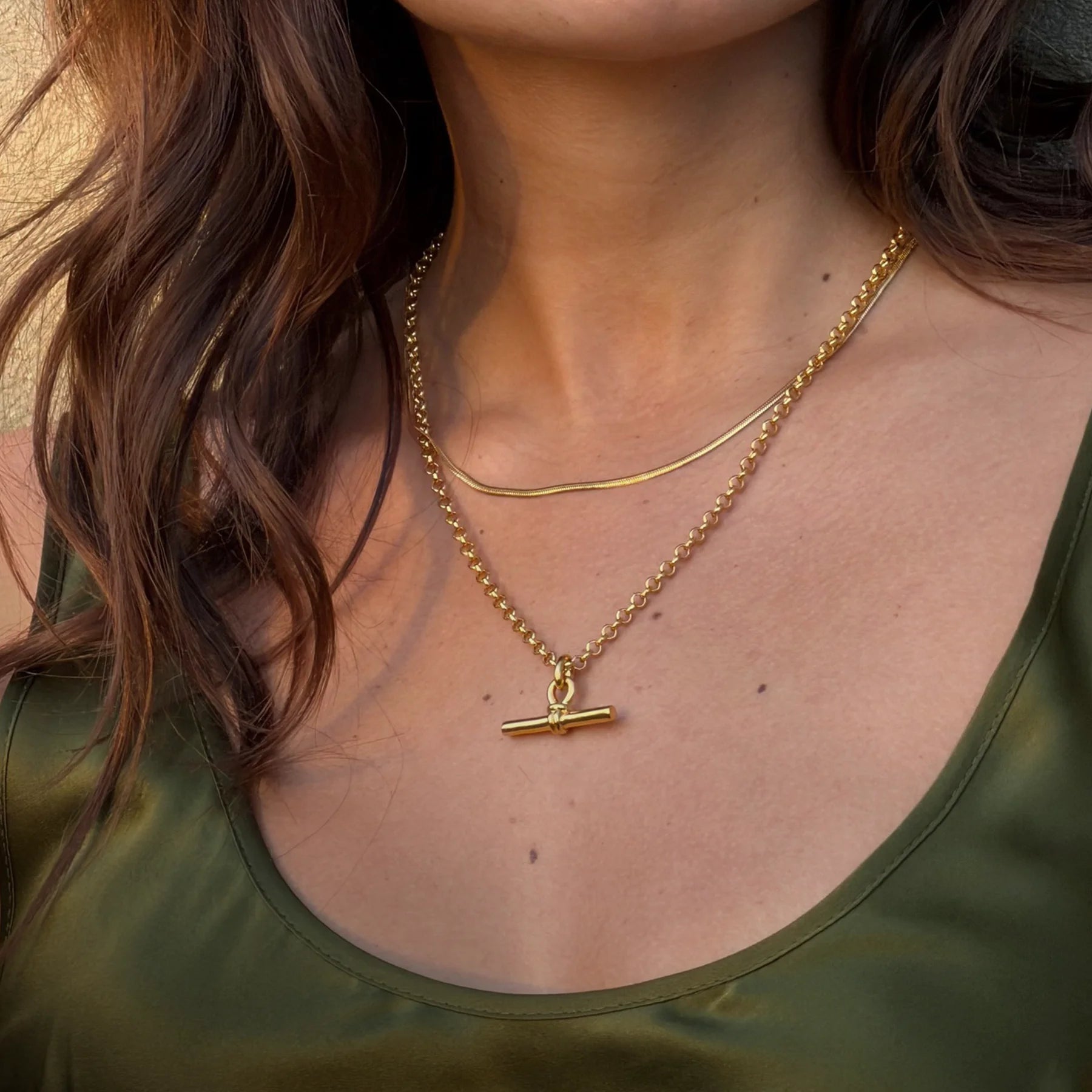 Gold t-bar necklace with snake chain necklace