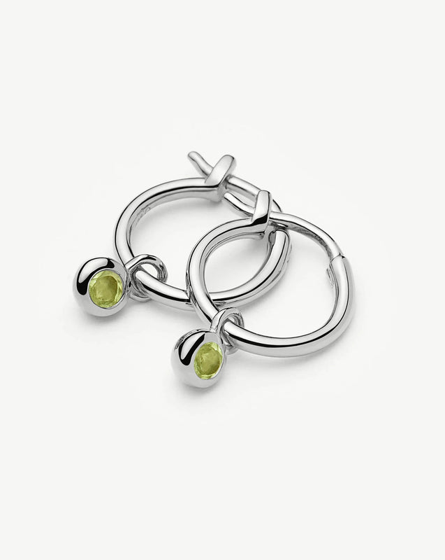 August Birthstone Mini Charm Hoop Earrings | Silver Plated/Peridot