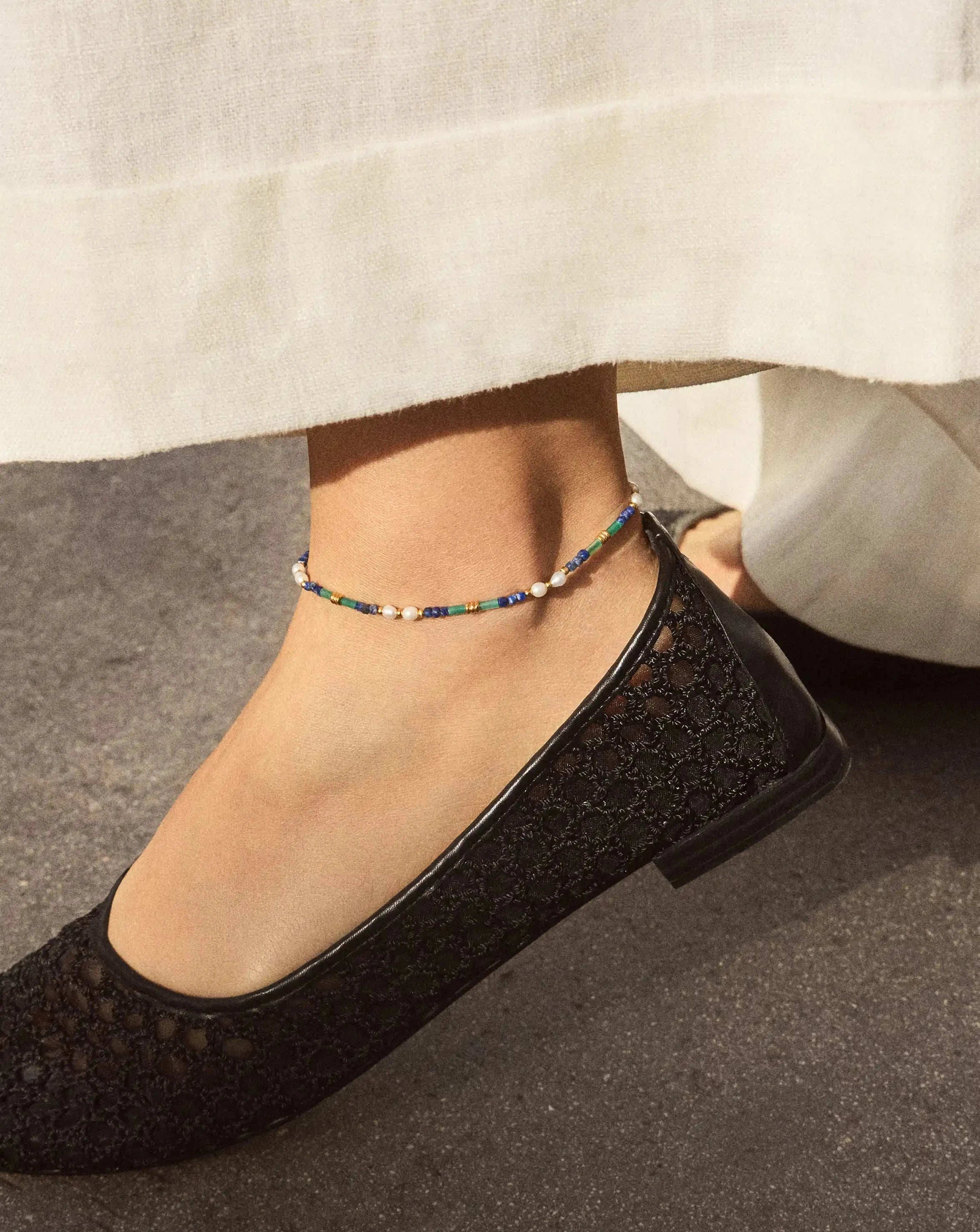 Beaded Gemstone & Pearl Anklet | 18ct Gold Plated/Lagoon Blue Anklets Missoma 