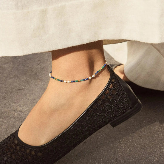 Beaded Gemstone & Pearl Anklet | 18ct Gold Plated/Lagoon Blue Anklets Missoma 