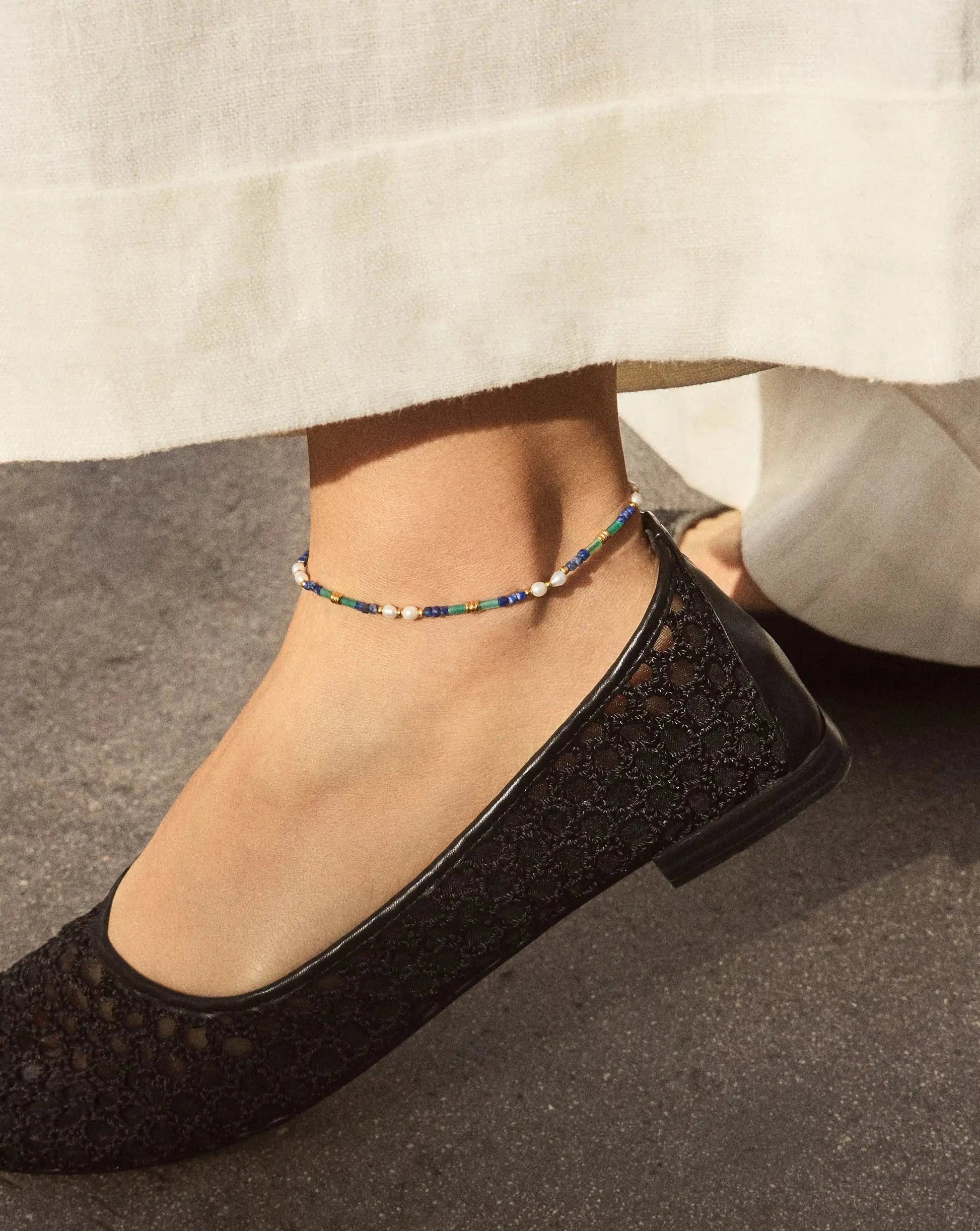 Beaded Gemstone & Pearl Anklet | 18ct Gold Plated/Lagoon Blue Anklets Missoma 