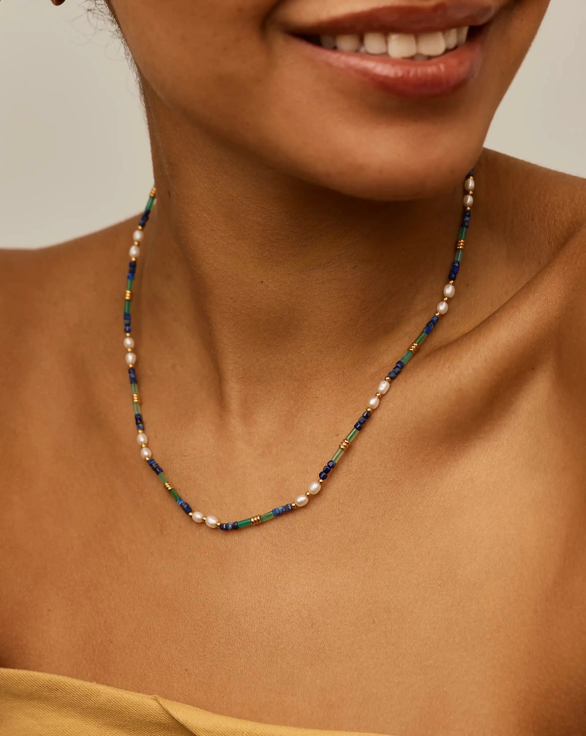 Beaded Gemstone & Pearl Short Necklace | 18ct Gold Plated/Lagoon Blue Necklaces Missoma 