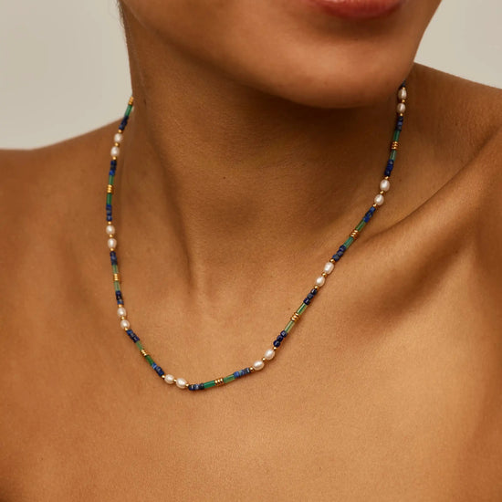 Beaded Gemstone & Pearl Short Necklace | 18ct Gold Plated/Lagoon Blue Necklaces Missoma 