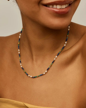 Beaded Gemstone & Pearl Short Necklace | 18ct Gold Plated/Lagoon Blue Necklaces Missoma 