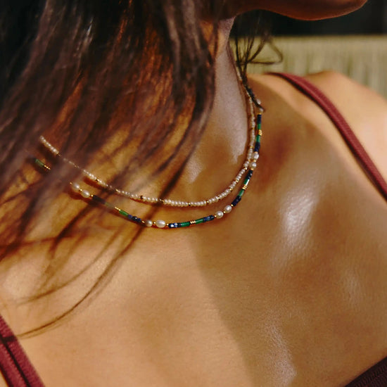 Beaded Gemstone & Pearl Short Necklace | 18ct Gold Plated/Lagoon Blue Necklaces Missoma 