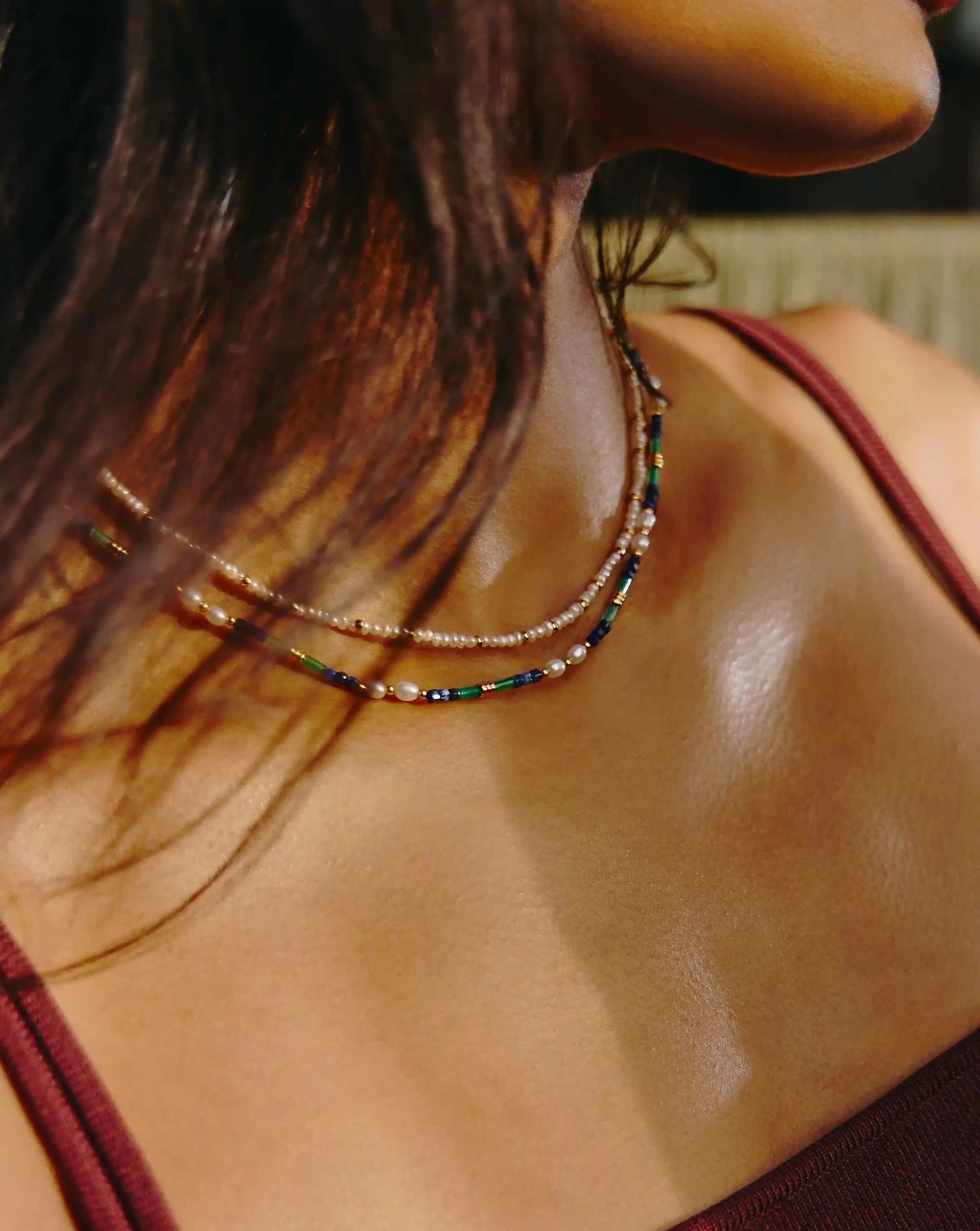 Beaded Gemstone & Pearl Short Necklace | 18ct Gold Plated/Lagoon Blue Necklaces Missoma 