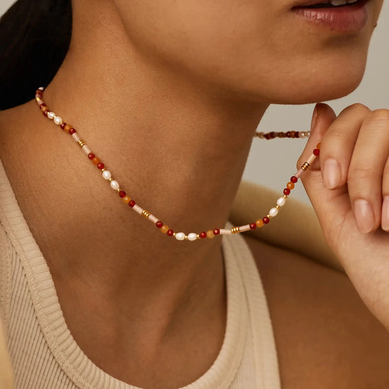 Beaded Gemstone & Pearl Short Necklace | 18ct Gold Plated/Paloma Pink Necklaces Missoma 