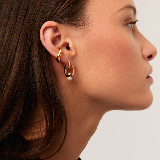 Button Pearl Square Small Hoop Earrings | 18ct Gold Plated/Pearl Earrings Missoma 