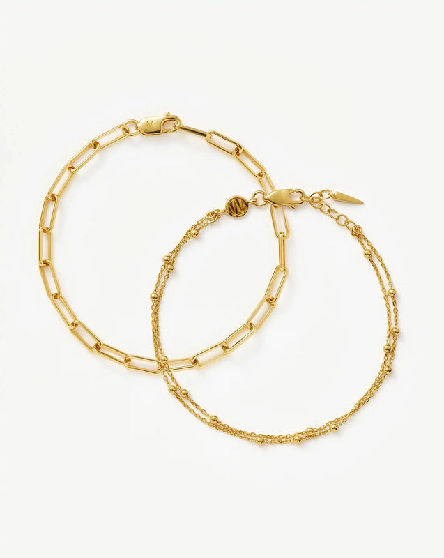 Double Chain & Mini Paperclip Bracelet Set | 18ct Gold Vermeil/18ct Gold Plated