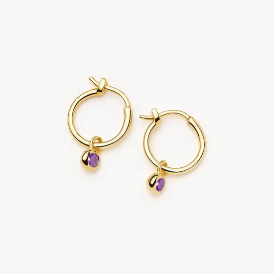 February Birthstone Mini Charm Hoop Earrings | 18ct Gold Vermeil/Amethyst Earrings Missoma 