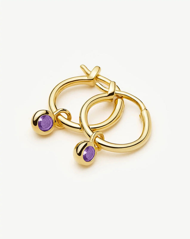 February Birthstone Mini Charm Hoop Earrings | 18ct Gold Plated/Amethyst