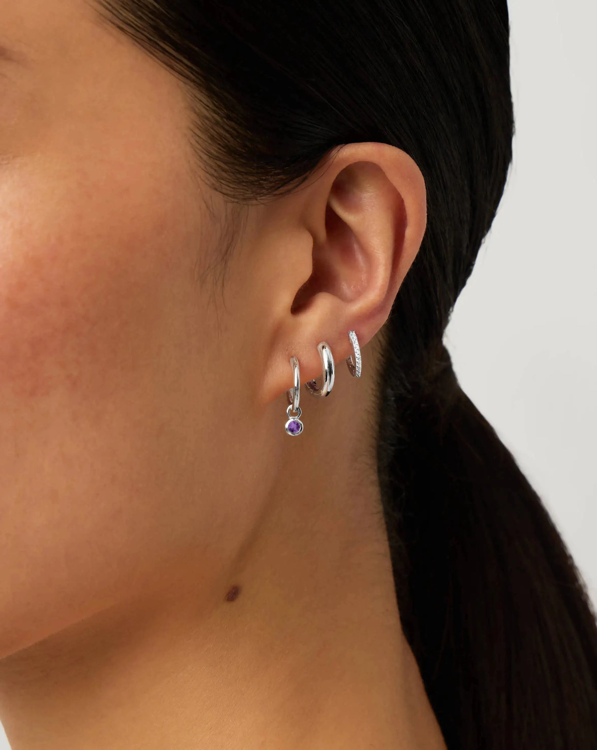 February Birthstone Mini Charm Hoop Earrings | Sterling Silver/Amethyst Earrings Missoma 