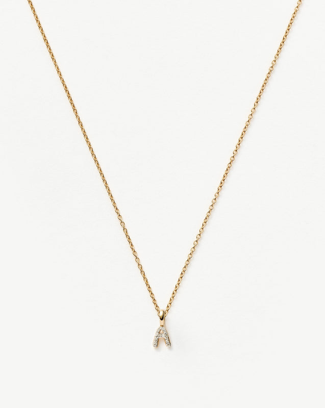 Solid Gold Diamond Initial Mini Pendant Necklace  - A | 14ct Solid Yellow Gold Plated/Diamond