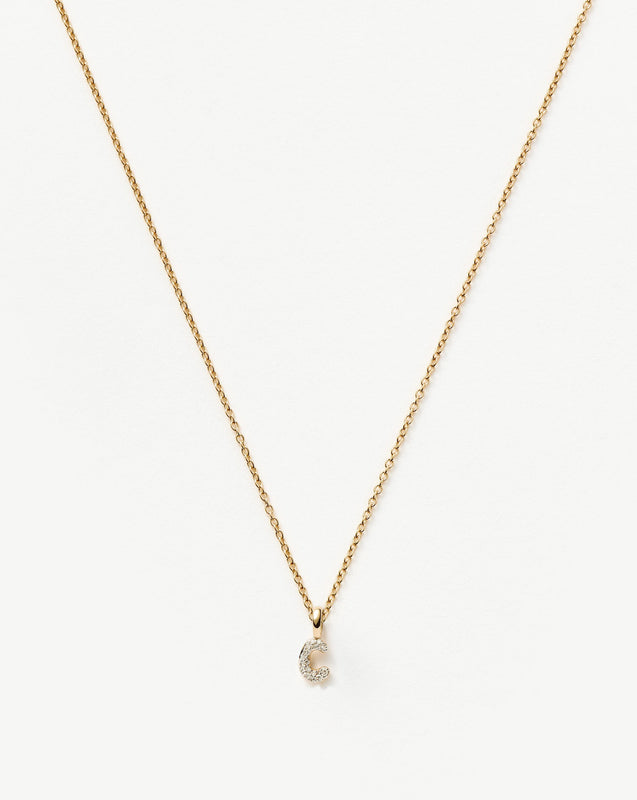 Solid Gold Diamond Initial Mini Pendant Necklace - C| 14ct Solid Yellow Gold Plated/Diamond