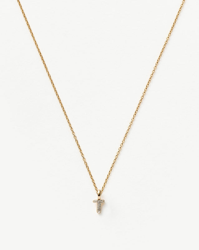 Solid Gold Diamond Initial Mini Pendant Necklace - T | 14ct Solid Yellow Gold Plated/Diamond