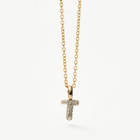 Fine Diamond Initial Mini Pendant Necklace - T | 14ct Solid Yellow Gold Plated/Diamond Necklaces Missoma 