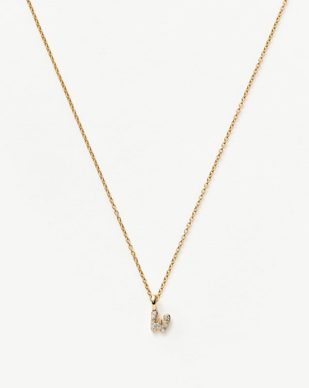 Solid Gold Diamond Initial Mini Pendant Necklace - W | 14ct Solid Yellow Gold Plated/Diamond