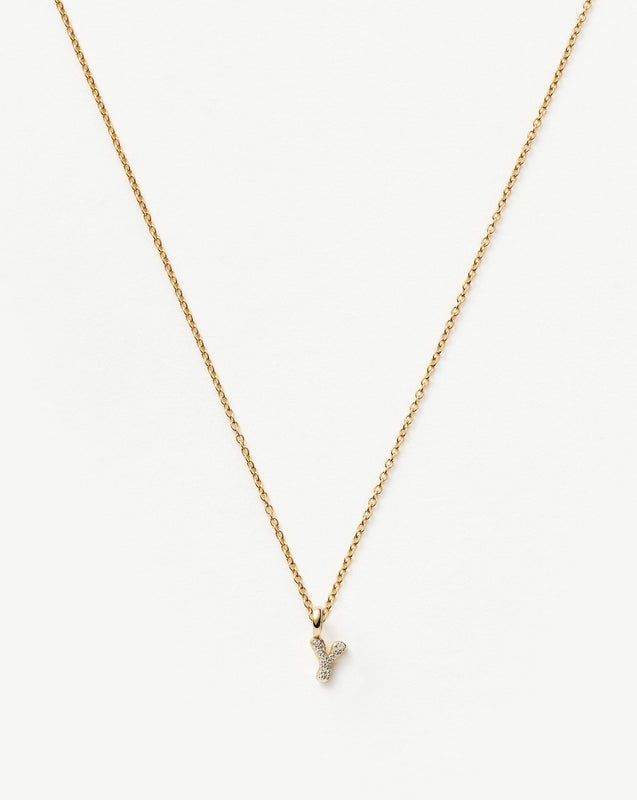 Solid Gold Diamond Initial Mini Pendant Necklace - Y | 14ct Solid Yellow Gold Plated/Diamond
