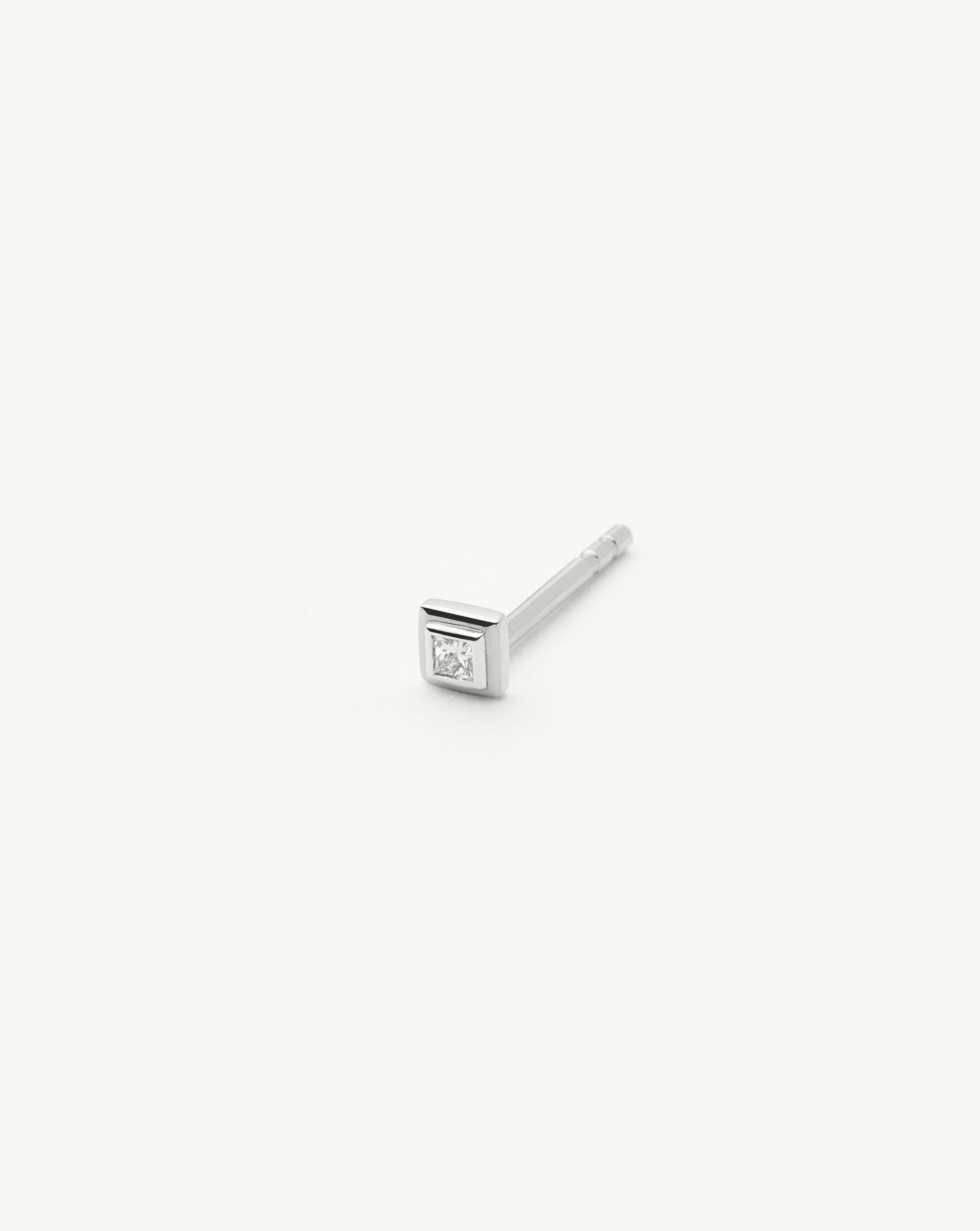 Fine Square Solitaire Single Stud Earring | 14ct Solid White Gold/Diamond Earrings Missoma 