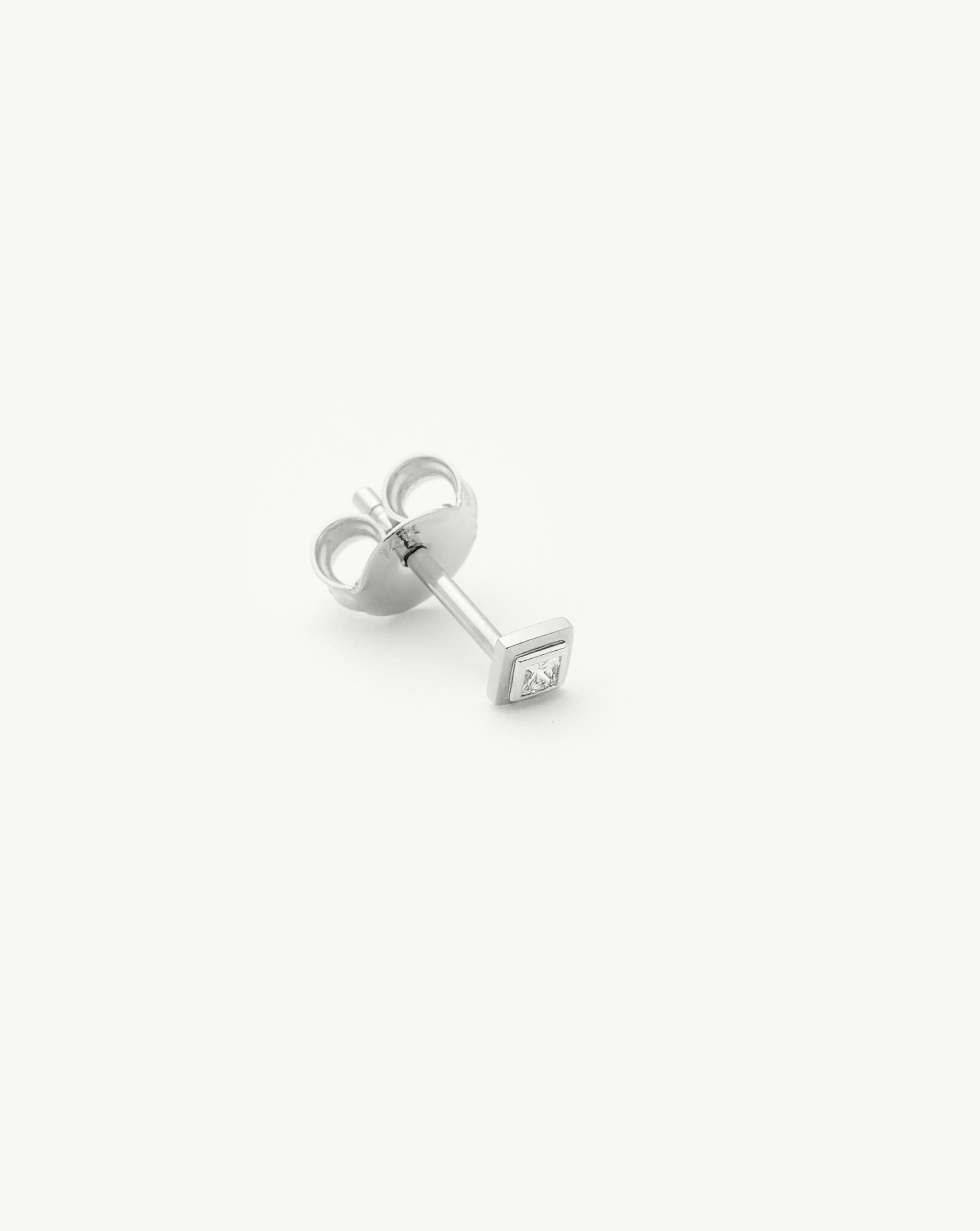 Fine Square Solitaire Single Stud Earring | 14ct Solid White Gold/Diamond Earrings Missoma 